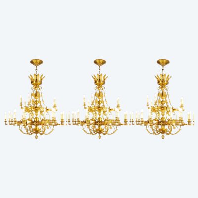 Lucien Gau House, Set aus 3 Empire-Kronleuchtern aus vergoldeter Bronze