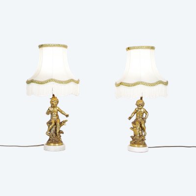 Hippolyte Moreau – Pair of lamps for children, bronze and marble
