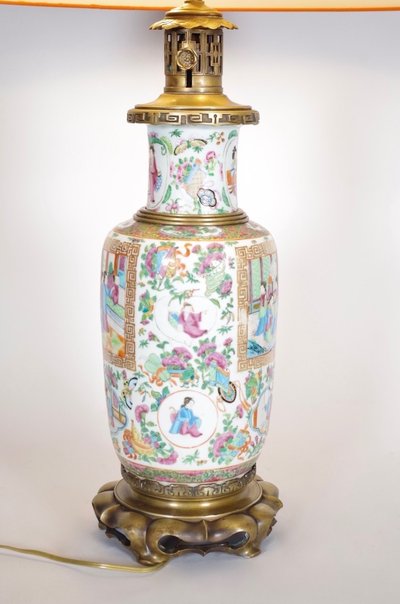 Lampada Canton in porcellana e bronzo patinato, circa 1880