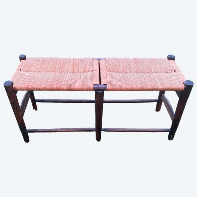 Banc paillé à deux places, style rural français, bois et jonc, début XXe