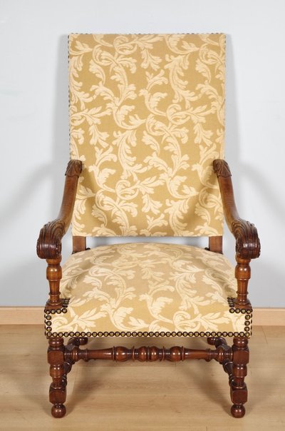 Pair of large Louis XIV armchairs in carved walnut, circa 1900