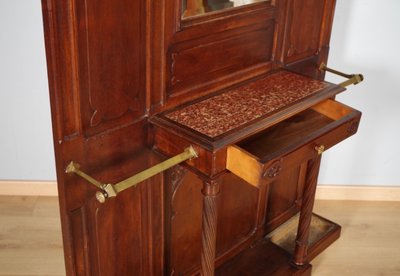 Gothic coat rack with mirror in carved walnut, circa 1900