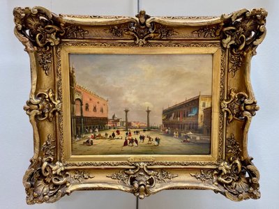 Silvio Fumagalli, place Saint-Marc et Rialto, paire d'huiles sur panneaux
