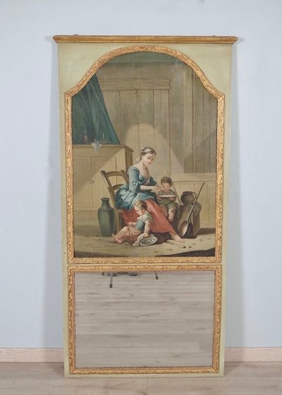 Trumeau Louis XIV à la Bérain, huile sur toile dans le goût de François Boucher