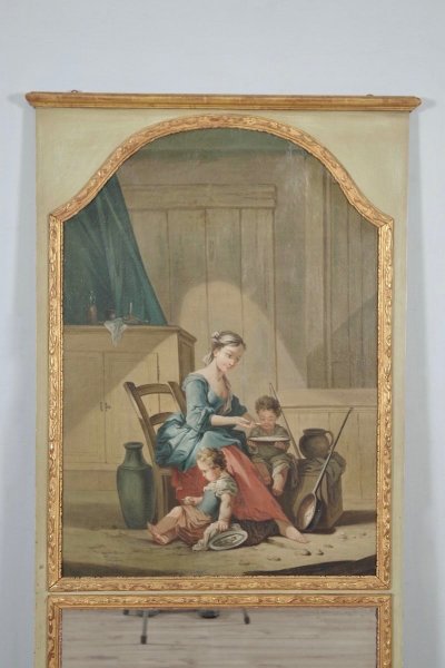 Trumeau Louis XIV à la Bérain, huile sur toile dans le goût de François Boucher