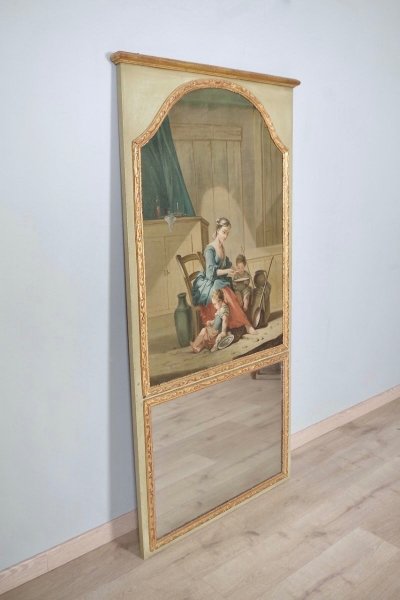 Trumeau Louis XIV à la Bérain, huile sur toile dans le goût de François Boucher