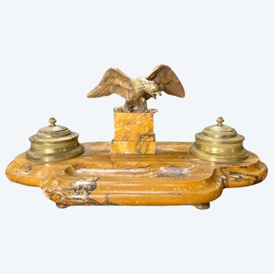 Empire inkwell in Siena yellow marble and gilt bronze, circa 1900
