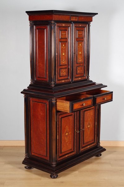Renaissance cabinet in burr walnut, marquetry and mother-of-pearl, circa 1900