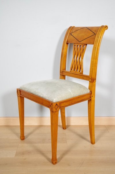 André Mailfert, set of 6 Directoire chairs in cherry wood, circa 1950