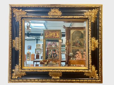 Grand miroir Louis XIV en bois noirci et doré, vers 1880