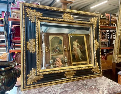 Grand miroir Louis XIV en bois noirci et doré, vers 1880
