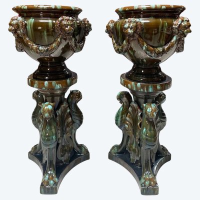 Clément Massier (1844-1917) Pair of plant pot stands