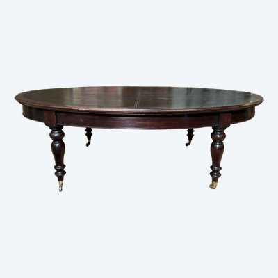 Grande table anglaise de bibliothèque en noyer foncé et dessus cuir