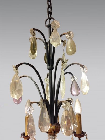 Louis XV wrought iron chandelier with polychrome pendants – circa 1950