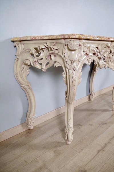 Important Louis XV style console in lacquered wood and brocatelle marble, circa 1880