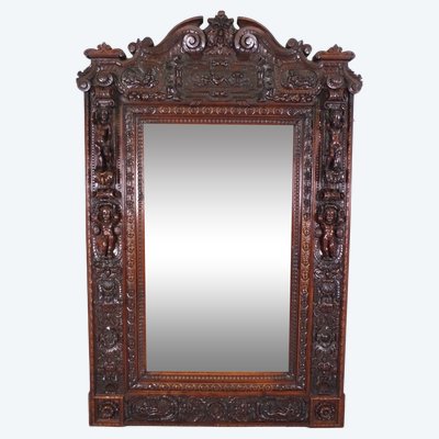 Important miroir Renaissance en noyer sculpté, vers 1880