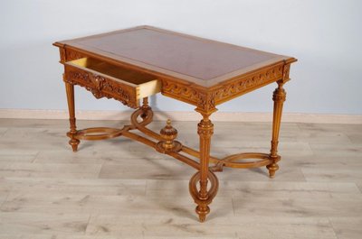 Louis XVI center table in carved walnut and griotte marble, circa 1880