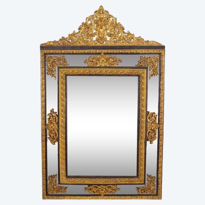 Important miroir Louis XIV à parecloses en bois noirci et doré, vers 1880