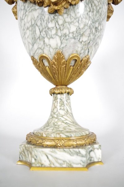 Pair of Louis XVI style perfume burner vases with ram's heads, circa 1880