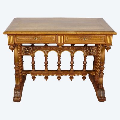 Renaissance desk in carved and gilded walnut, signed Dufin, circa 1880