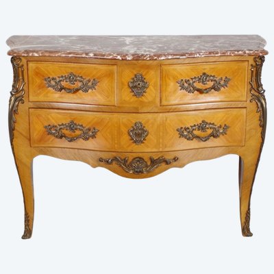 Louis XV style bombé commode in marquetry, circa 1950