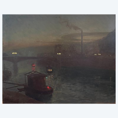 Ecole française de la fin du 19ème - Paris,  Paysage industriel de nuit - Signé, circa 1890