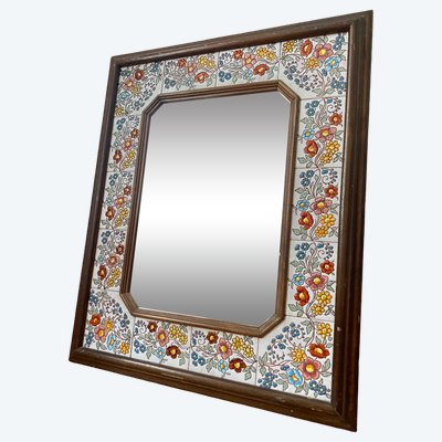 Miroir Rectangulaire en Bois et Carreaux de Faïences Colorés, 68cm x 84cm, Circa 1970