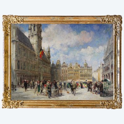 Huile sur toile belge « Grand-Place de Bruxelles », signée, non encadrée, esquisse