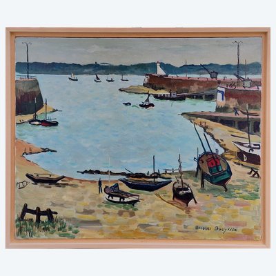 Tableau marine le port de Saint Malo vers Dinard en 1962 par Jacques Bouyssou Bretagne Honfleur