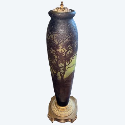RICHARD. Lampe veilleuse Art Nouveau en verre double couche dégagé à l' acide, décor lacustre. Signé