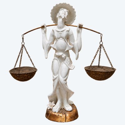 Grande statue Art Nouveau en céramique craquelée et bois doré