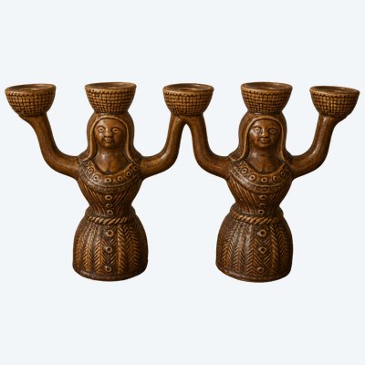 Paire de bougeoirs Saint - Clément en céramique émaillée  France, années 1960-1970