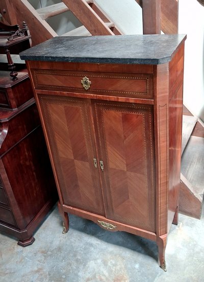Louis XV style marquetry cabinet/side table with black marble top – late 19th century