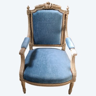 Fauteuil de style Louis XVI en Bois Laqué, Garniture de Velours Bleu