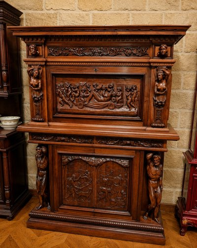 Important Renaissance-style drop-front secretary desk, 19th century