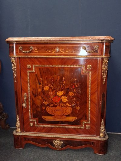 Napoleon III side table in floral marquetry, with a red cherry marble top