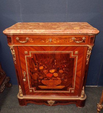 Napoleon III side table in floral marquetry, with a red cherry marble top