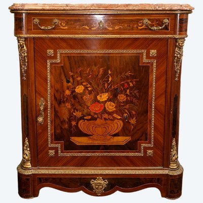 Napoleon III side table in floral marquetry, with a red cherry marble top