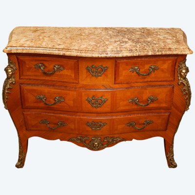 Commode Galbée De Style Louis XV En Marqueterie, Plateau De Marbre époque début XXeme
