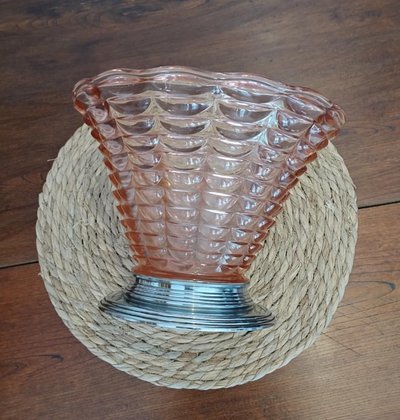 Vaso Art Déco a forma di imbuto, centrotavola, ciotola in vetro soffiato e montatura cromata – Circa 1930