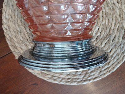 Vaso Art Déco a forma di imbuto, centrotavola, ciotola in vetro soffiato e montatura cromata – Circa 1930