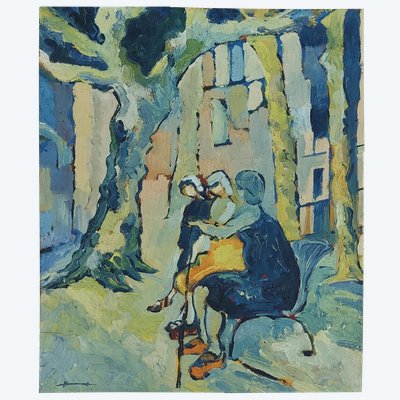 Michel HANNECART - (1945 - ..) - Conversation  à Collioure - huile sur toile - 1985