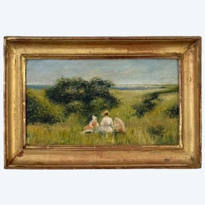 Huile sur panneau "le déjeuné sur l'herbe" signé Martin