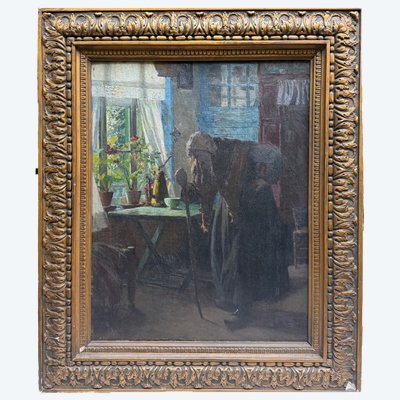 Ecole française de la fin du 19ème siècle - Bretonne dans son intérieur, circa 1900