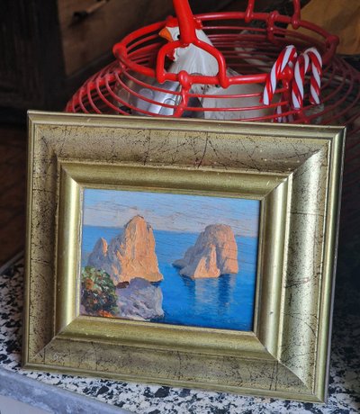 Miniature painting of rocks in Capri, Italy, a seascape attributed to Guido Odierna, an Orientalist