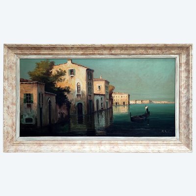 Grande quadro con vista panoramica di Venezia, cornice Montparnasse, firmato H. Bellini