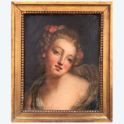Ritratto di una giovane donna con una rosa nello stile di Jean-Baptiste Greuze (1725-1805)
