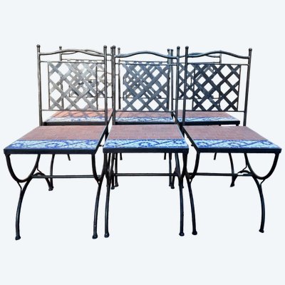Suite mit 6 Gartenstühlen – mediterraner Stil der 1980er Jahre – Schmiedeeisen und Zementmosaik