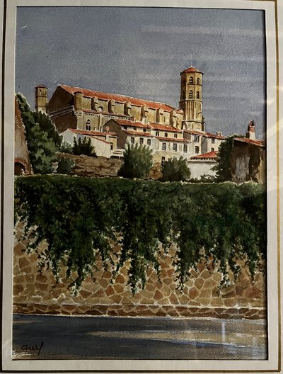 Collegiata di Montréal d'Aude, acquerello di Sylvain Arellano