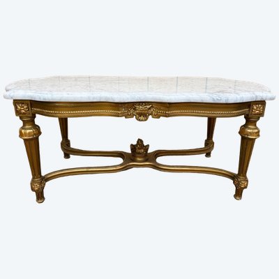 Table basse style Louis XVI – Bois redoré et marbre de Carrare